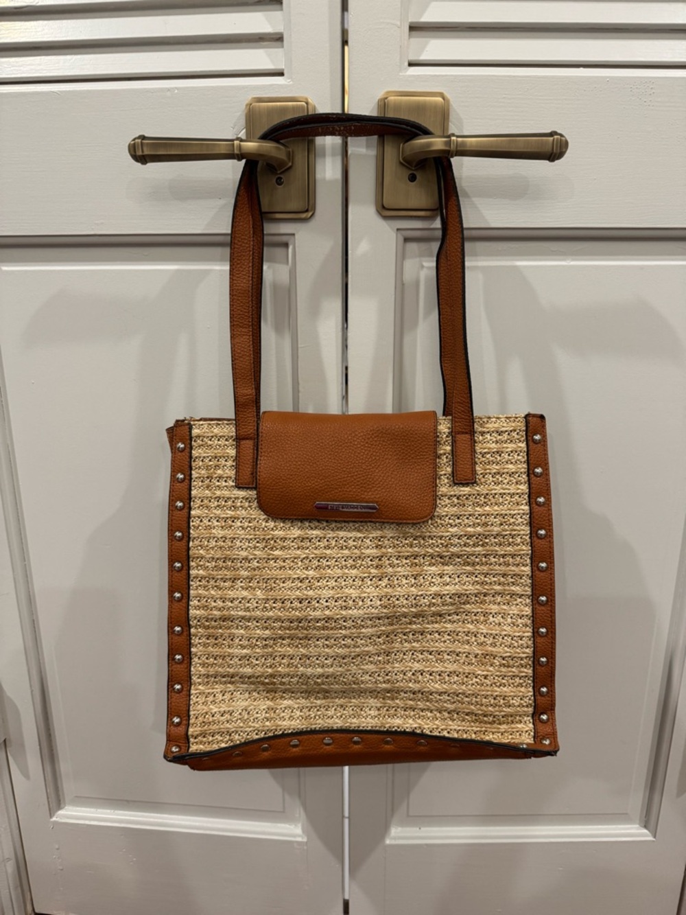 Steve Madden Tan Woven Tote with Studded Leather Trim